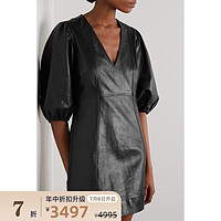 GANNI 2021春季女黑色V领羊皮革法式连衣裙NET-A-PORTER（38、黑色）