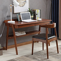 风之意 实木书桌儿童书桌北欧日式小户型写字台家用带抽屉学习桌 胡桃色（升级版） 0.8m书桌（单抽屉）+椅子
