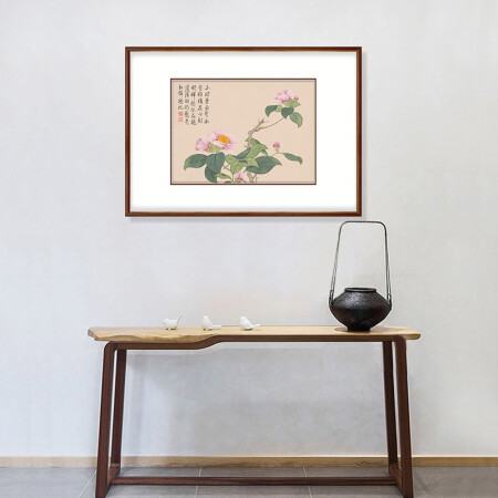 弘舍 新中式客厅装饰画沙发背景墙三联挂画餐厅壁画卧室画原作版画 钱维成 花卉图 田园柚木《山茶》 成品尺寸 宽70*高50cm