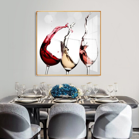 忆画餐厅装饰画晶瓷画单幅客厅沙发背景墙画玄关现代简约轻奢铝合金框晶瓷镶钻酒柜挂画酒店墙面装饰过道走廊 杯酒人生B 80*80cm拉丝亮钛金色框