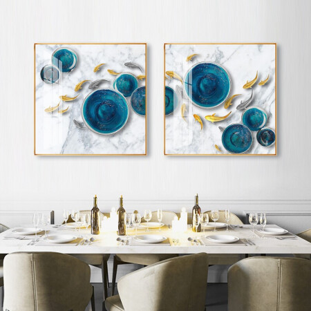 忆画餐厅装饰画晶瓷画单幅客厅沙发背景墙画玄关现代简约轻奢铝合金框晶瓷镶钻酒柜挂画酒店墙面装饰过道走廊 玉盘锦鲤A 80*80cm拉丝亮钛金色框