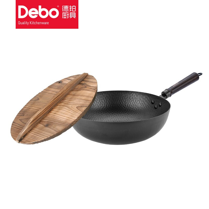 德铂Debo尼尔森圆底炒锅 原生铁无涂层不粘锅32cm带木盖