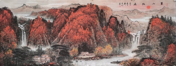 刘首作老师山水风景画万山红遍177x68cm小六尺