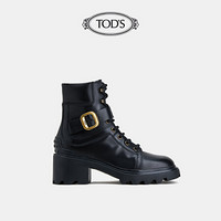 TOD'S官方2021早秋新款女鞋女士粗跟牛皮系带靴女及踝靴短靴 黑色 38.5