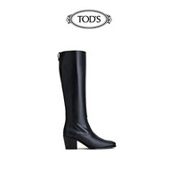 TOD'S官方2021早秋新款女鞋女士高筒粗跟牛皮皮靴长筒靴女 黑色 36.5