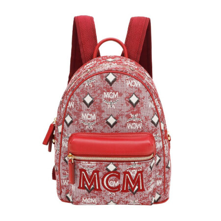 MCM 奢侈品 中性 VINTAGE JACQUARD 系列红色迷你提花织物及牛皮革双肩背包 MMKBATQ02RE001