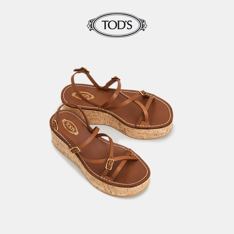 TOD'S官方正品2021夏季女鞋女士真皮露趾休闲厚底坡跟凉鞋女