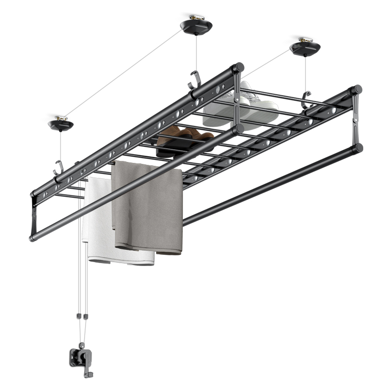 金贵夫人升降晾衣架阳台手摇晾衣杆双杆式家用自动折叠晒衣架凉衣（2米+12根母婴横杆+12个衣架-幻夜黑、大）