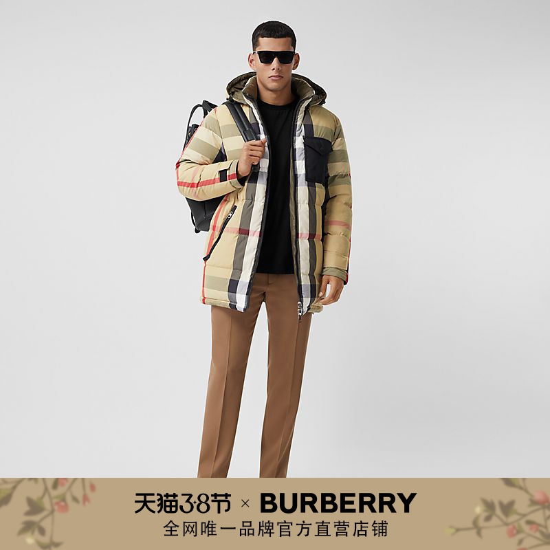 BURBERRY 男装 格纹再生尼龙羽绒服 80345011（XL、典藏米色 / 橄榄色）