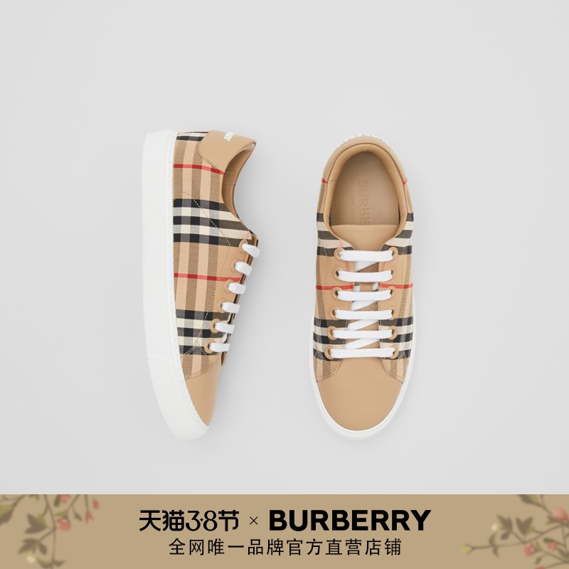 BURBERRY 女鞋 格纹拼皮革运动鞋 80388661（39、典藏米色）