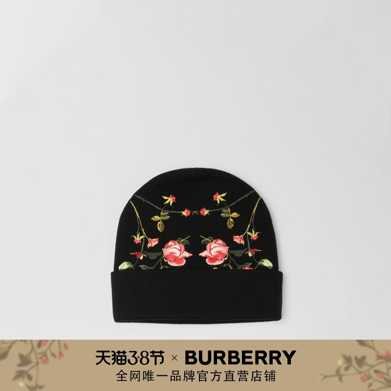 BURBERRY 玫瑰刺绣美利奴羊毛帽 80374661（S（54-56cm）、黑色）