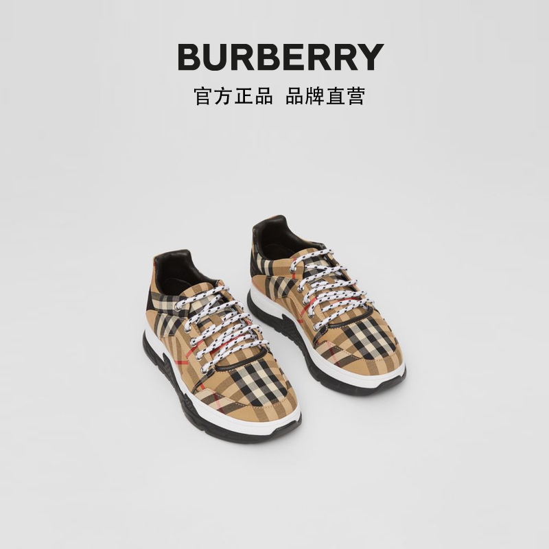 BURBERRY 儿童 徽标细节格纹棉质运动鞋 80370681（35、典藏米色）