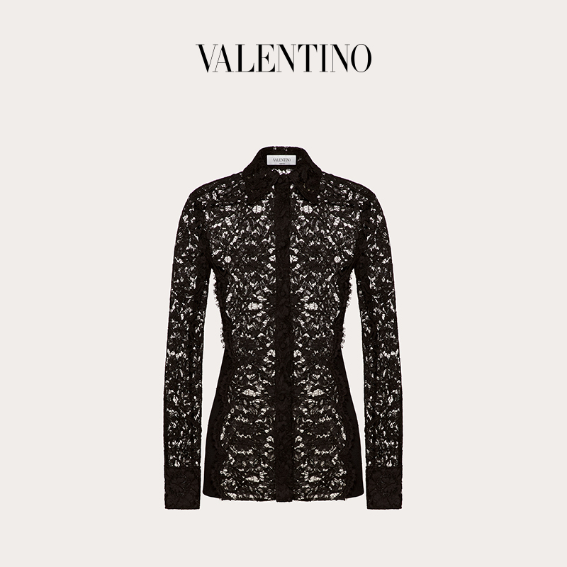 Valentino/华伦天奴女士 黑色 蕾丝与平纹针织衬衫（40、黑色）
