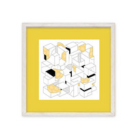 dprints迪品 现代简约diy装饰字画客厅壁画艺术卧室餐厅玄关装饰画创意版画《几何幻想-填色版》 黄色款-白色木框 362*362 mm