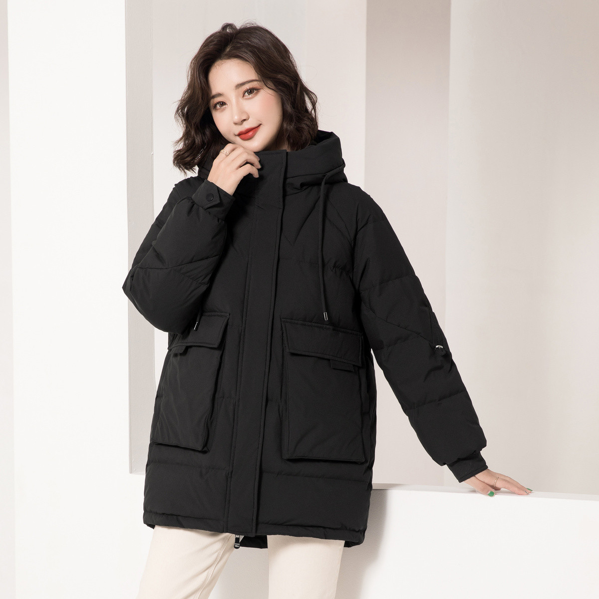 中长款女士连帽羽绒服90白鸭绒休闲时尚 XL 黑色