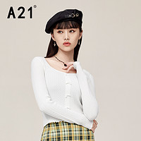A21女装修身方领长袖线衫 米白 S
