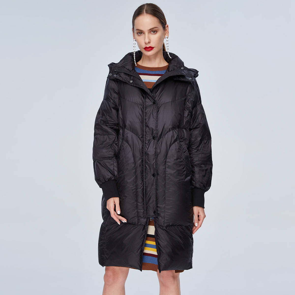 鸭绒纯色连帽宽松长款外套大衣女士羽绒服 XL 黑色