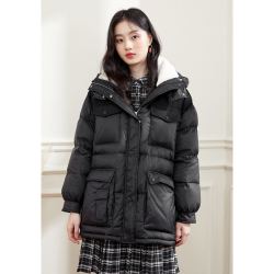 秋水伊人90白鸭绒连帽羽绒服女装中长款羽绒服