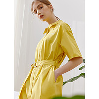 夏季女装系带束腰字母印花短袖中长款休闲衬衫式连衣裙 XL 日光黄
