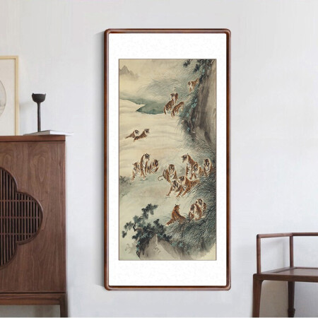 积善 中式客厅老虎装饰画沙发背景墙走廊过道玄关国画竖幅上山虎画挂画壁画 群虎啸谷 三尺带框125*65cm/幅