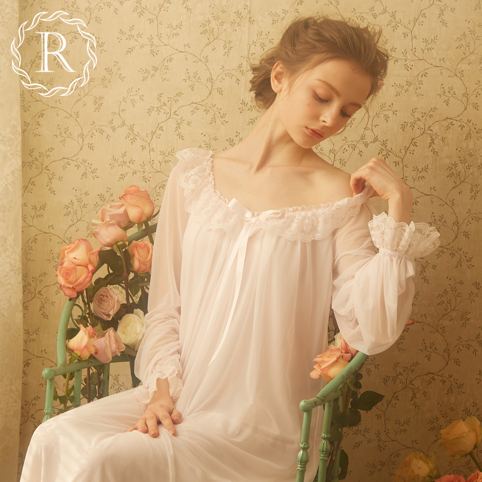 RoseTree宫廷睡裙春秋复古蕾丝家居服公主风冰丝性感睡衣女长袖 S 柔粉色