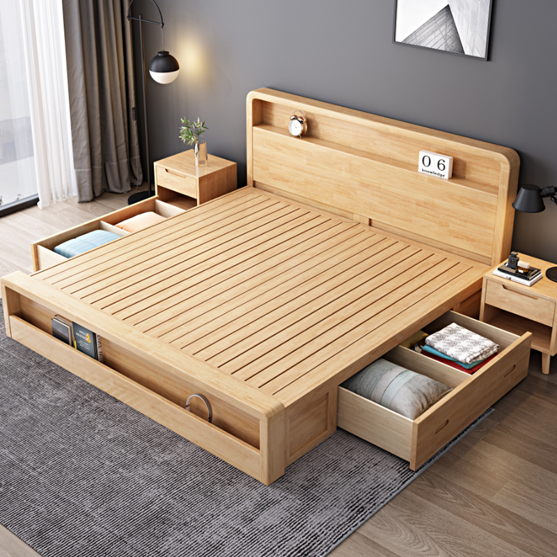 景山百岁 床 实木床 北欧床 双人床 1.5m床 1.8米床 储物床 气压床 高箱床 原木色床 卧室床家具A18 1.5*2米抽屉床（颜色备注） 床+乳胶床垫/乳胶棕垫+2个床头柜