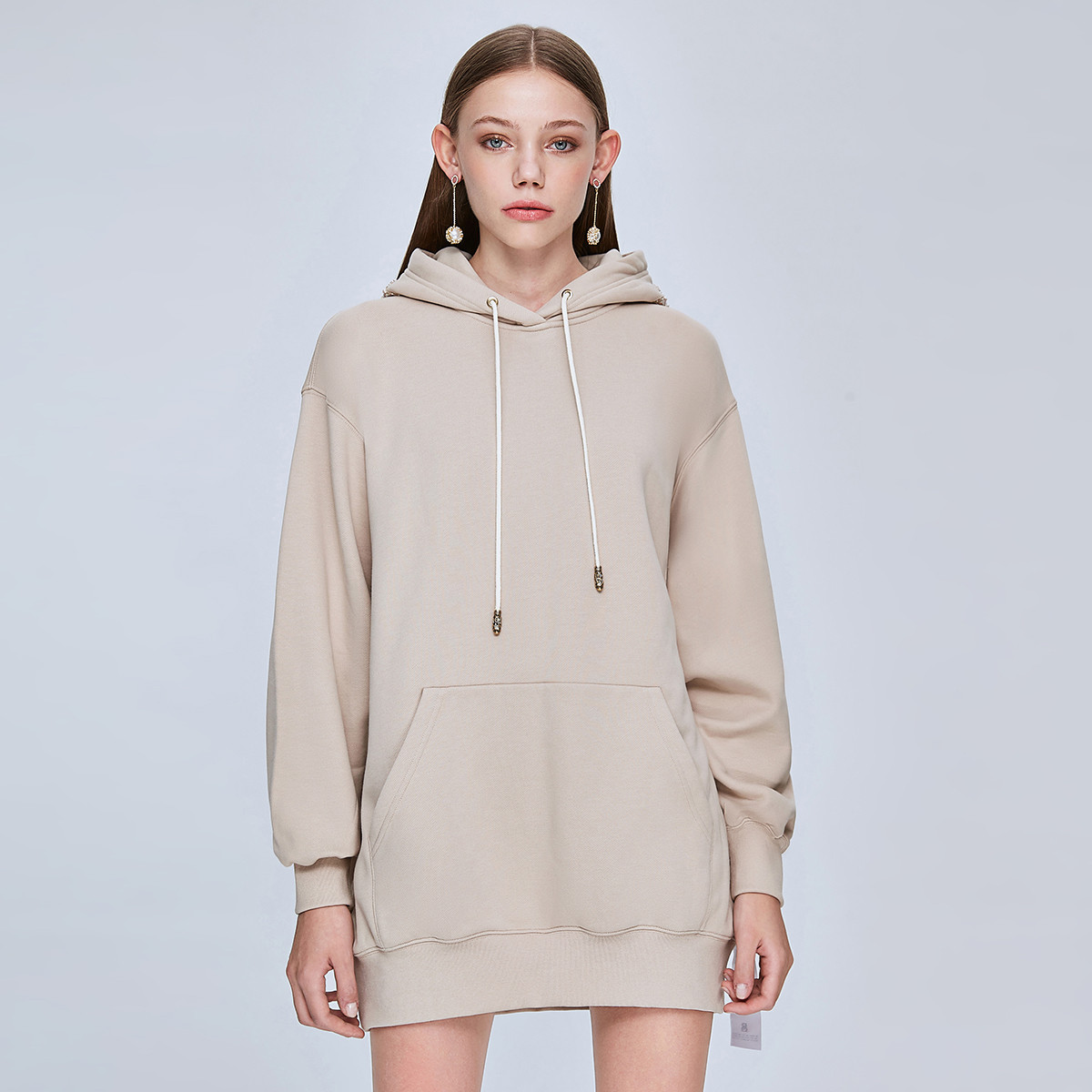 天使之翼钉珠绣花中长款宽松连帽女士卫衣