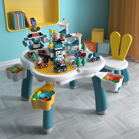 Wangao 万高 儿童拼装积木玩具兼容乐高大颗粒积木桌子多功能收纳男女孩游戏萌兔学习桌拼装99140