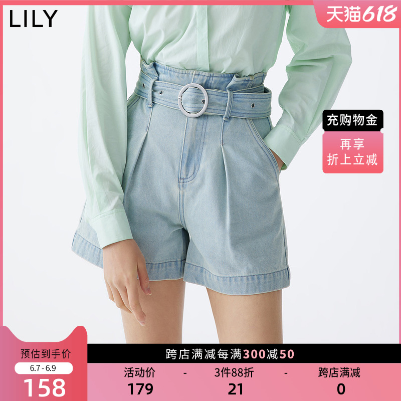 LILY新款女装复古水洗花苞高腰休闲牛仔短裤