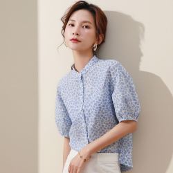 sharejewelry熙然夏新品文艺小清新波点干爽透气立领短袖衬衣女衬衫