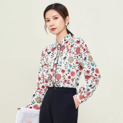 sharejewelry熙然新品时尚简约印花透气开衫别致翻领长袖上衣衬衣女