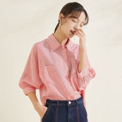 sharejewelry熙然时尚百搭五分袖不规则衣摆条纹衬衣女衬衫女式衬衫