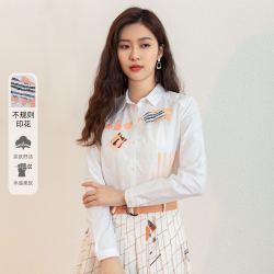 sharejewelry熙然2022艺术感时尚撞色印花长袖衬衣女衬衫女式衬衫