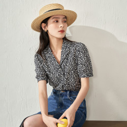 inman茵曼提花印花衬衫女士2022夏季新款翻领复古港风碎花气质短袖