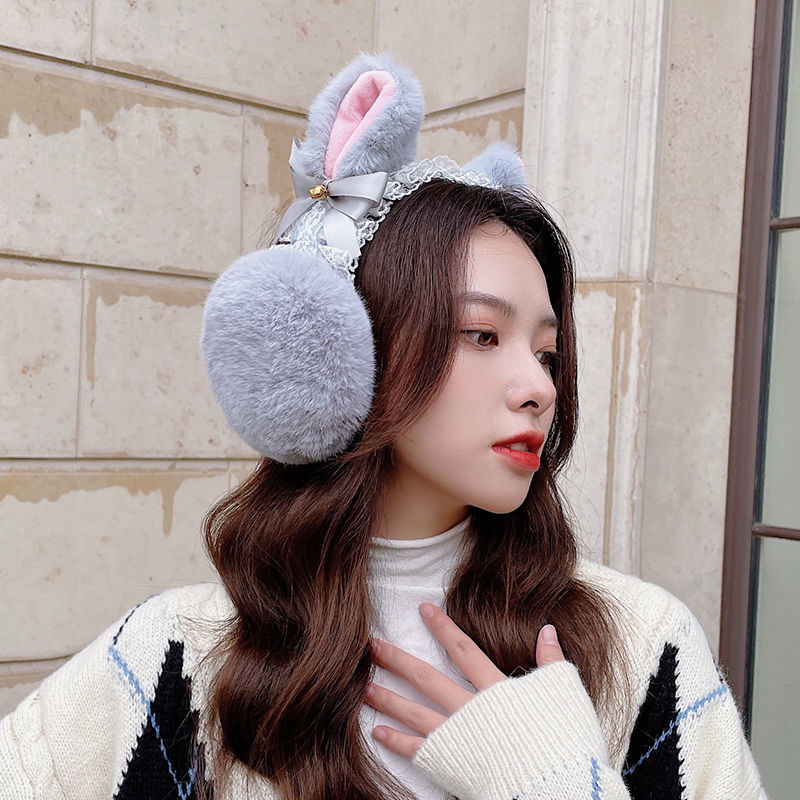 韩版耳罩保暖冬天女可爱学生耳捂子公主护耳毛绒耳包冻折叠耳套 灰色 猫耳朵蕾丝耳罩