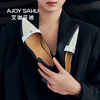 AJOY SAHU 22新款|复古小黑鞋 赫本风浅口女高跟鞋尖头透气编织