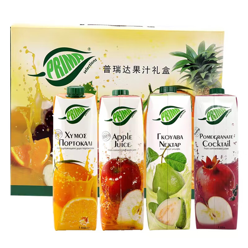 PRIMA 普瑞达 地中海塞浦路斯进口 果汁饮料家庭装 1L×4瓶 芒果汁桃汁葡萄汁石榴汁混合口味尝鲜装 果汁礼盒新春贺岁装 1L×4