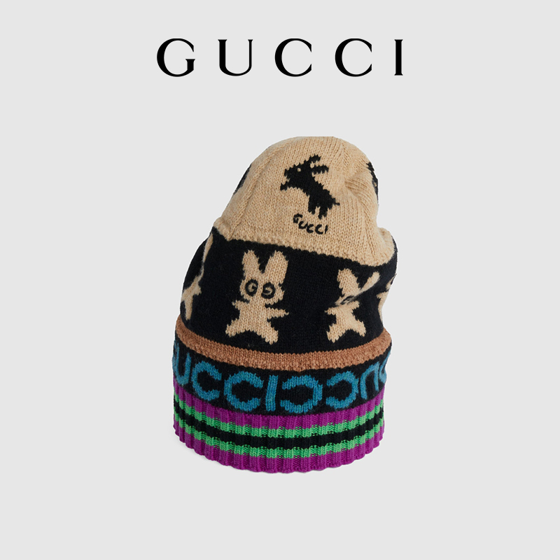 GUCCI古驰中国新年系列Gucci兔子印花针织羊毛帽