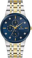 BULOVA 宝路华 男士现代双色不锈钢多功能石英手表,蓝色表盘钻石风格:98D180, 双色调和蓝色, 现代钻石