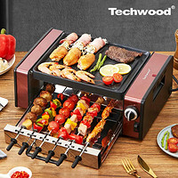 Techwood 电烧烤炉 麦饭石电烤盘 家用无烟 分离式 电烤架子 六针烤串机3-6人份