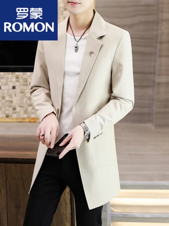 罗蒙（ROMON）中长款风衣男士春秋款小西装2023新款韩版修身外套男帅气薄款大衣 卡其2119中长款 M