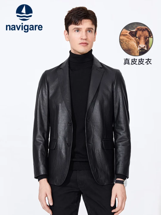 Navigare 意大利小帆船真皮皮衣男西装领单层西服皮衣牛皮外套1336702041 黑色 XXXL/56