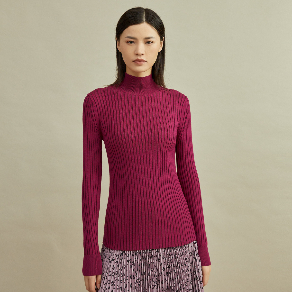 时尚修身坑条烟管领长袖女式针织衫毛衣