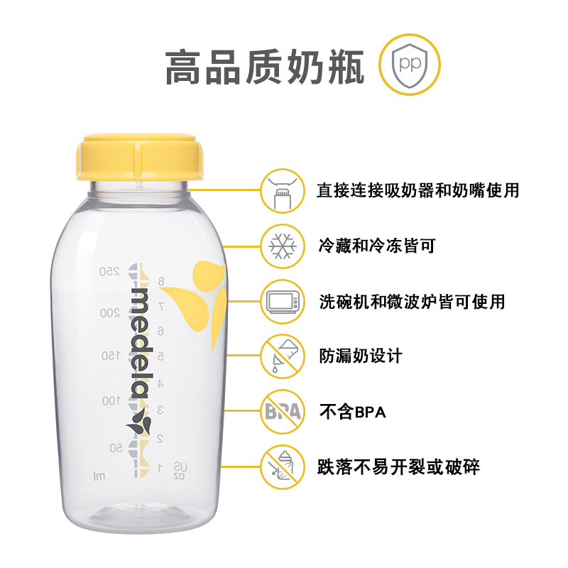 medela 美德乐 250ML婴儿储奶瓶 奶瓶PP组合装 大容量储奶  配件 标准口径