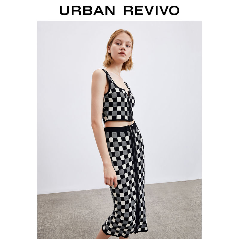 UR女装时髦撞色格纹拉链吊带无袖外套WG27S9DE2002