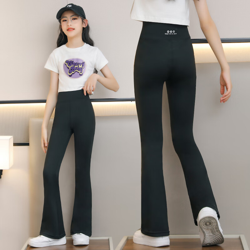 优优1点女童裤子夏季薄儿童打底裤外穿鲨鱼裤夏装女大童微喇叭裤 黑色 170cm