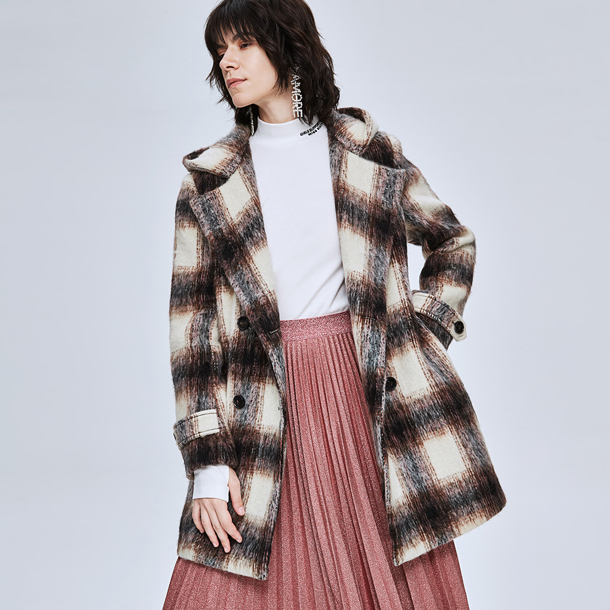 冬季羊毛混纺格子连帽宽松中长款大衣女士毛呢外套 L 米白/黑