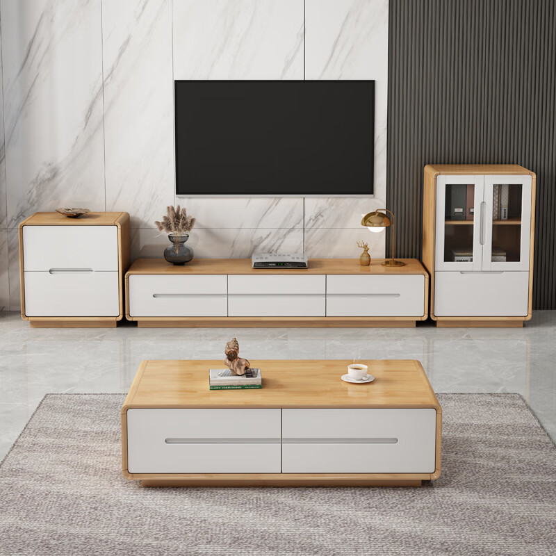 杜沃 电视柜茶几组合简约客厅小户型 1.8米实木电视柜+茶几+高柜+低柜
