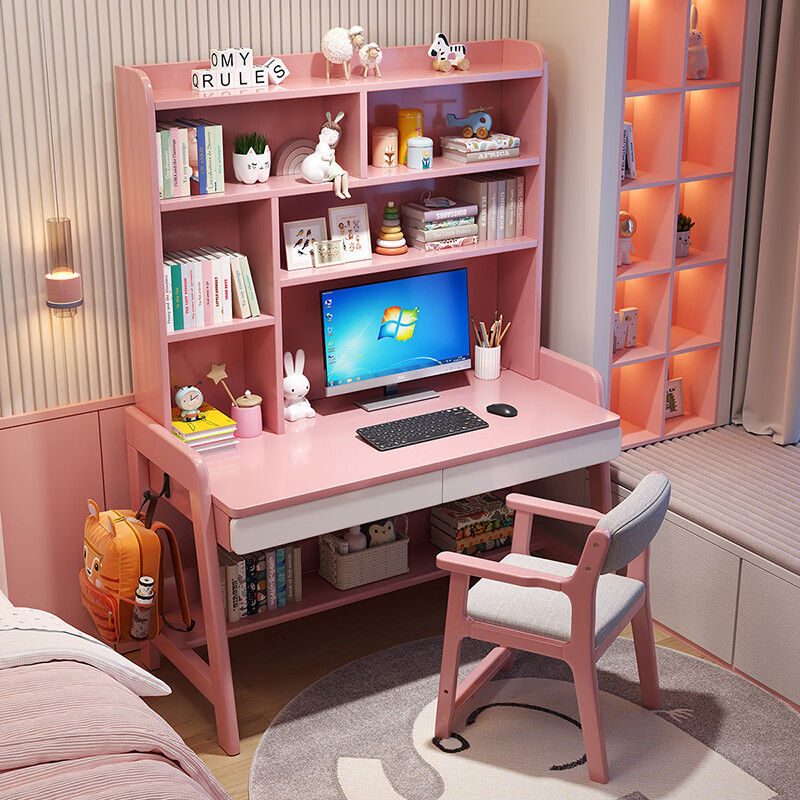 聚林鸟学习桌学生书桌书架一体桌简约卧室家用初中生写字桌可升降课桌椅 单桌带书架+升降椅 100*60*181cm