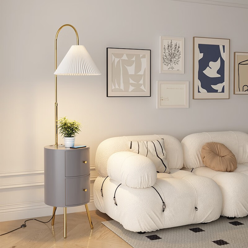 拾光记忆羽毛落地灯北欧网红轻奢客厅卧室床头灯柜一体无线充电立式灯具 百褶罩灰色柜无线充12W三色变光